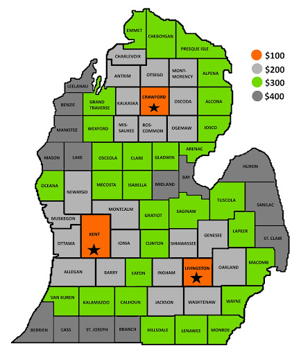 Michigan map shows service charge by county